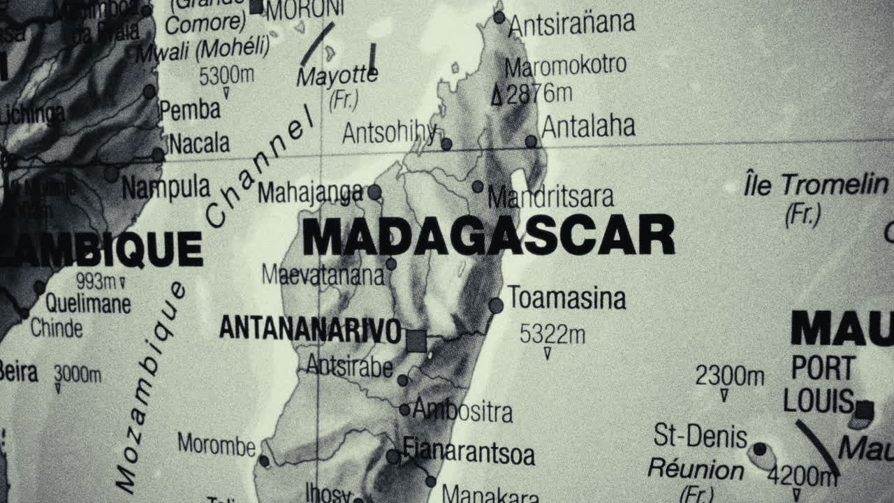 Close-up of a map showing Madagascar and neighboring countries