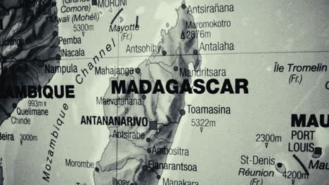 close-up of a map showing madagascar and neighboring countries