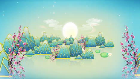 mysterious landscape china's traditional oriental digital art animation, chinese retro painting ink misty mountain with flowers, tree, birds, river in fog background