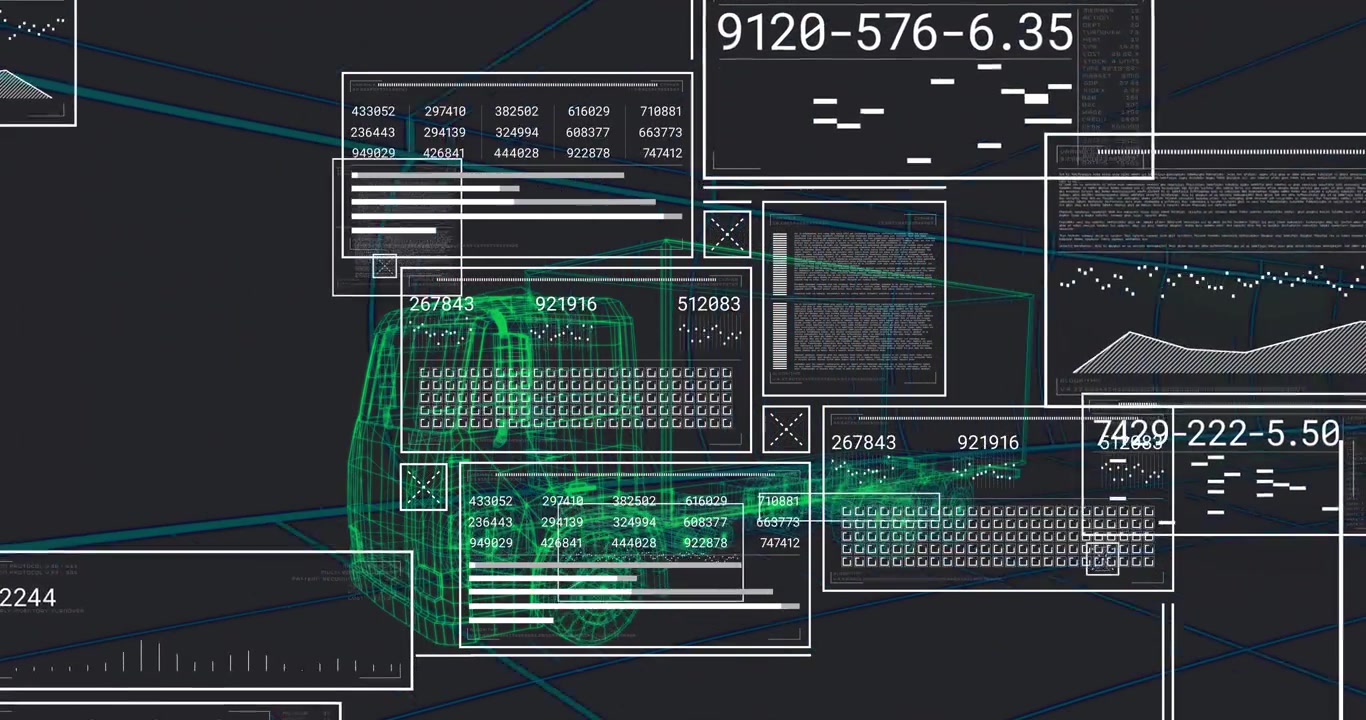 After grid appearing, green wireframe truck projecting numeric panels scanning performance metrics