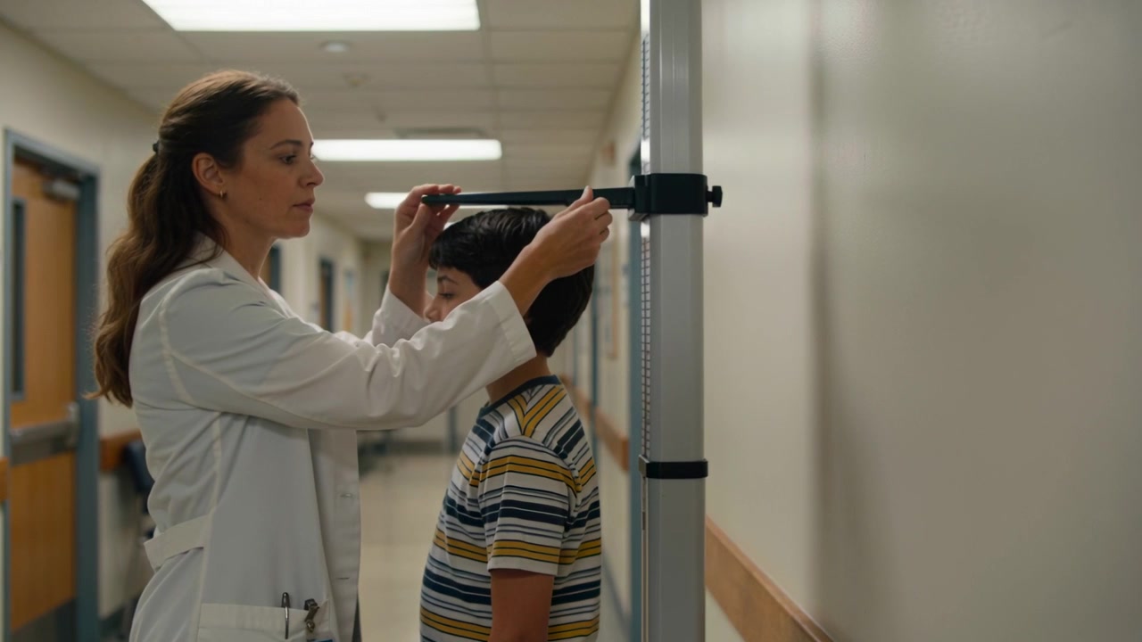 Leading boy, clinician adjusting stadiometer measuring height in clinic, lab coat and stethoscope