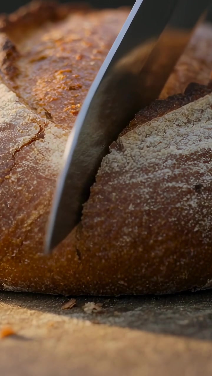 Video verticale: Premendo la punta in alto, un coltello affetta una pagnotta sul bancone della cucina per fare fette, lasciando briciole.