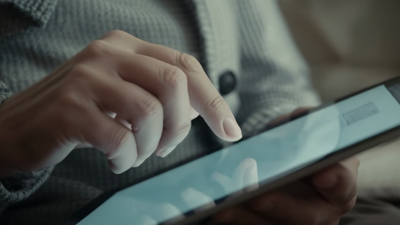 ソファに座り、右人差し指でタブレット画面をタップしようとしており、左手はボタン付きカーディガンを支えている。