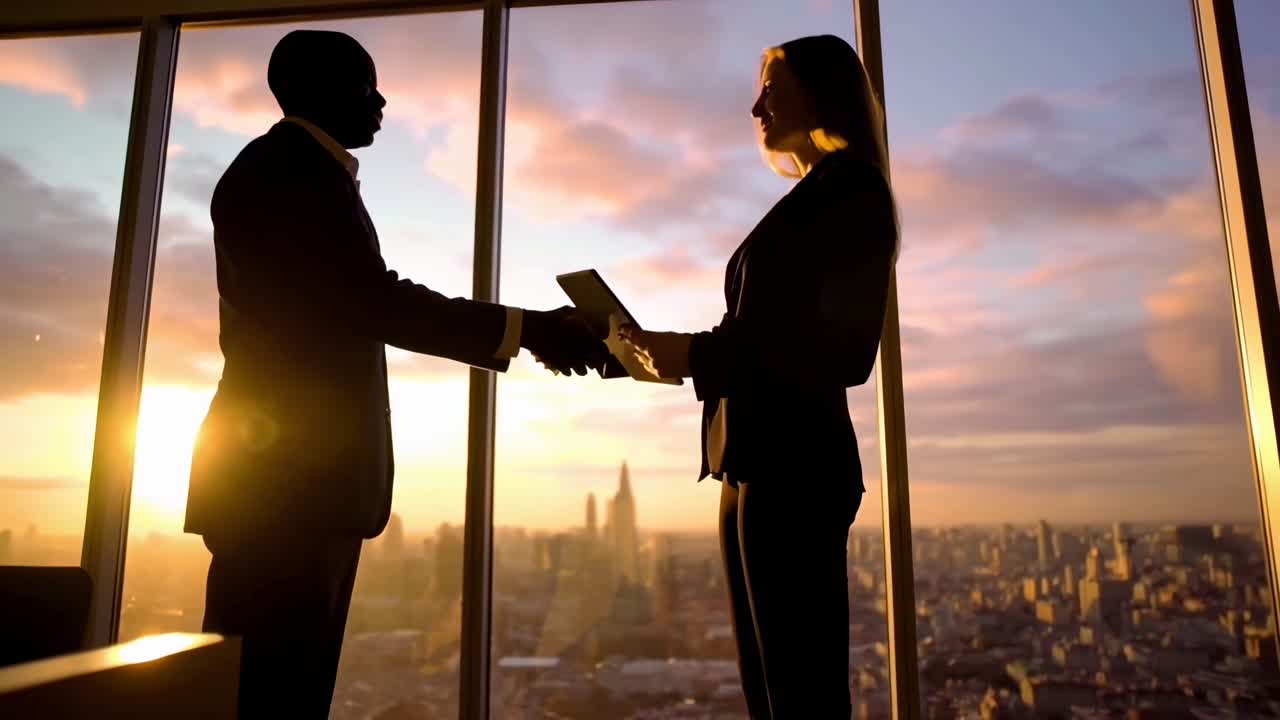 Stretta di mano in silhouette in un ufficio di un grattacielo al tramonto, ripresa da un'angolazione laterale