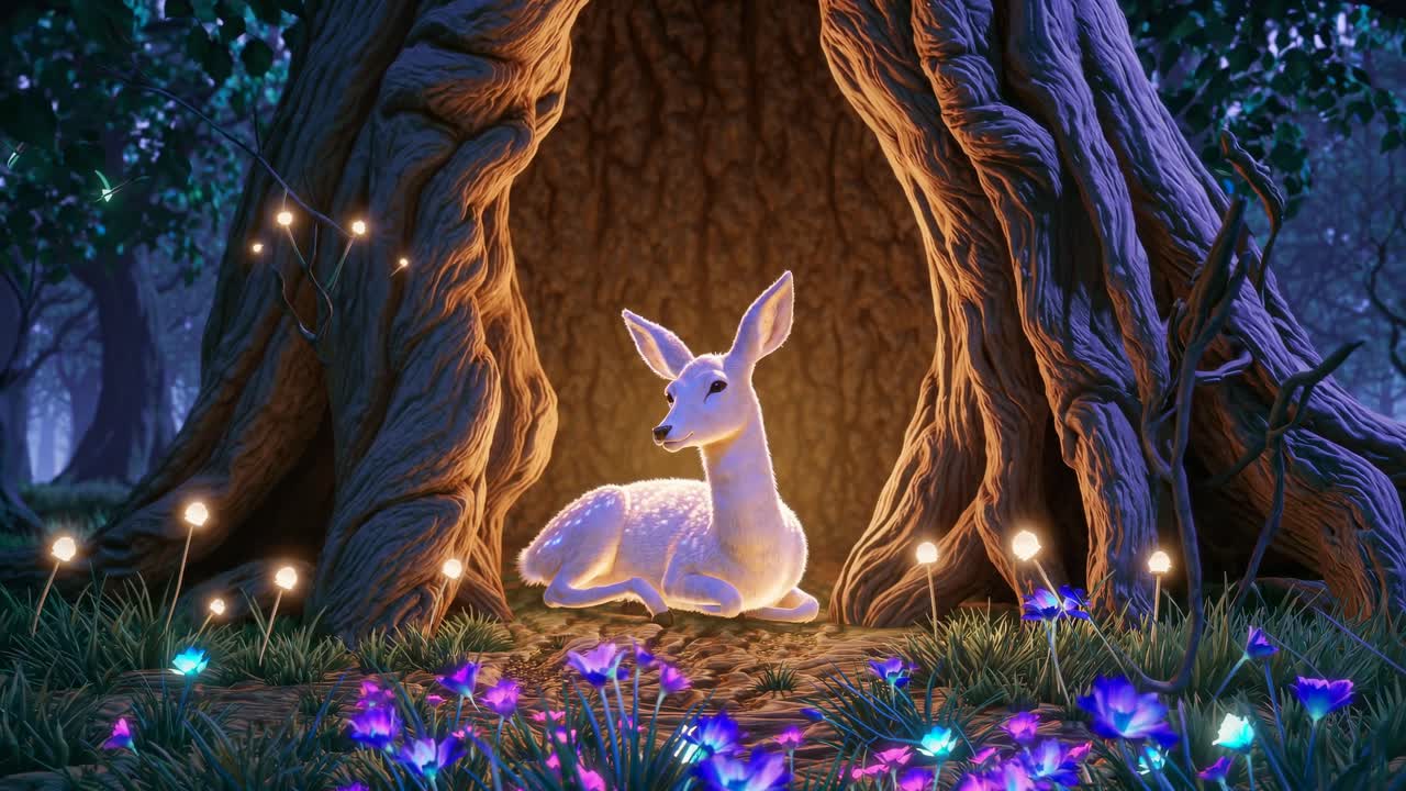 A mystical video scene of a glowing deer resting inside a tree hollow, captured from a low angle