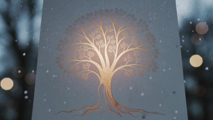 Shimmering gray card with gold foil tree catching backlight against cool outdoor bokeh, with snow