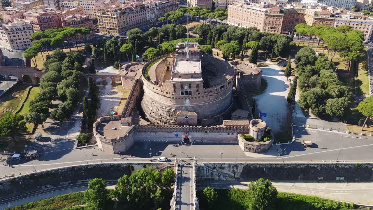 Castel Sant'Angelo, sunny summer day, historic architecture, Rome, Italy, drone