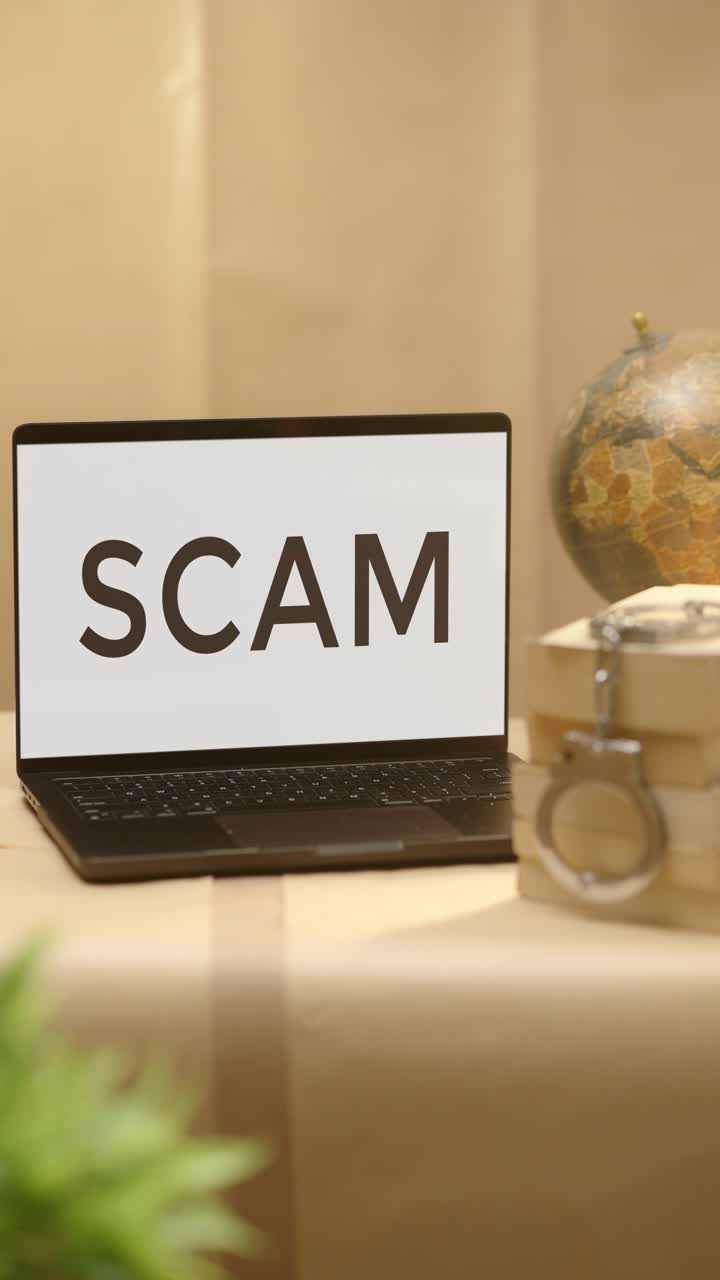 video vertical de estafa mostrado en la pantalla de una computadora portátil legal