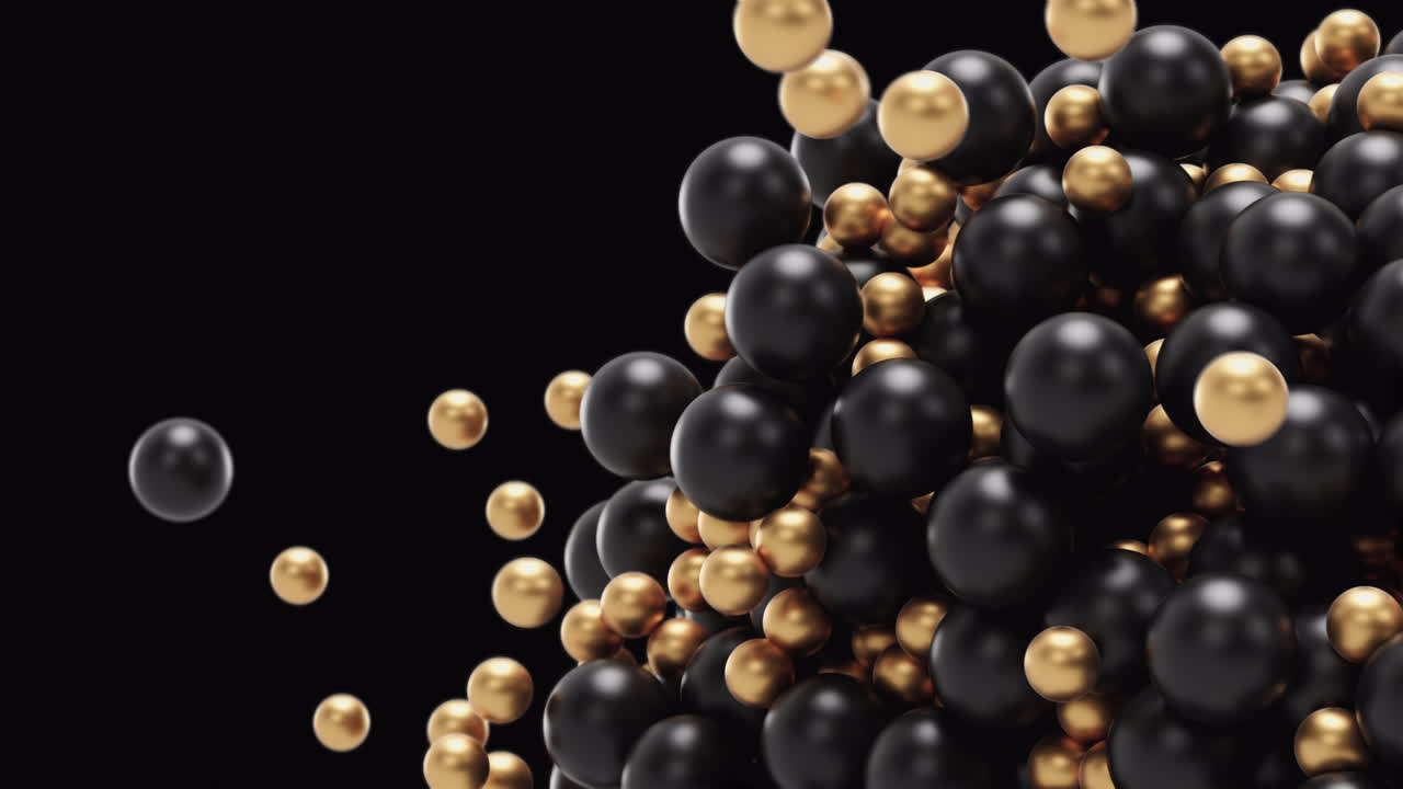 검은색과 황금색의 기하학적 3d 공은 자석으로 서로 부히고 공 모양의 어리로 만들어집니다.
