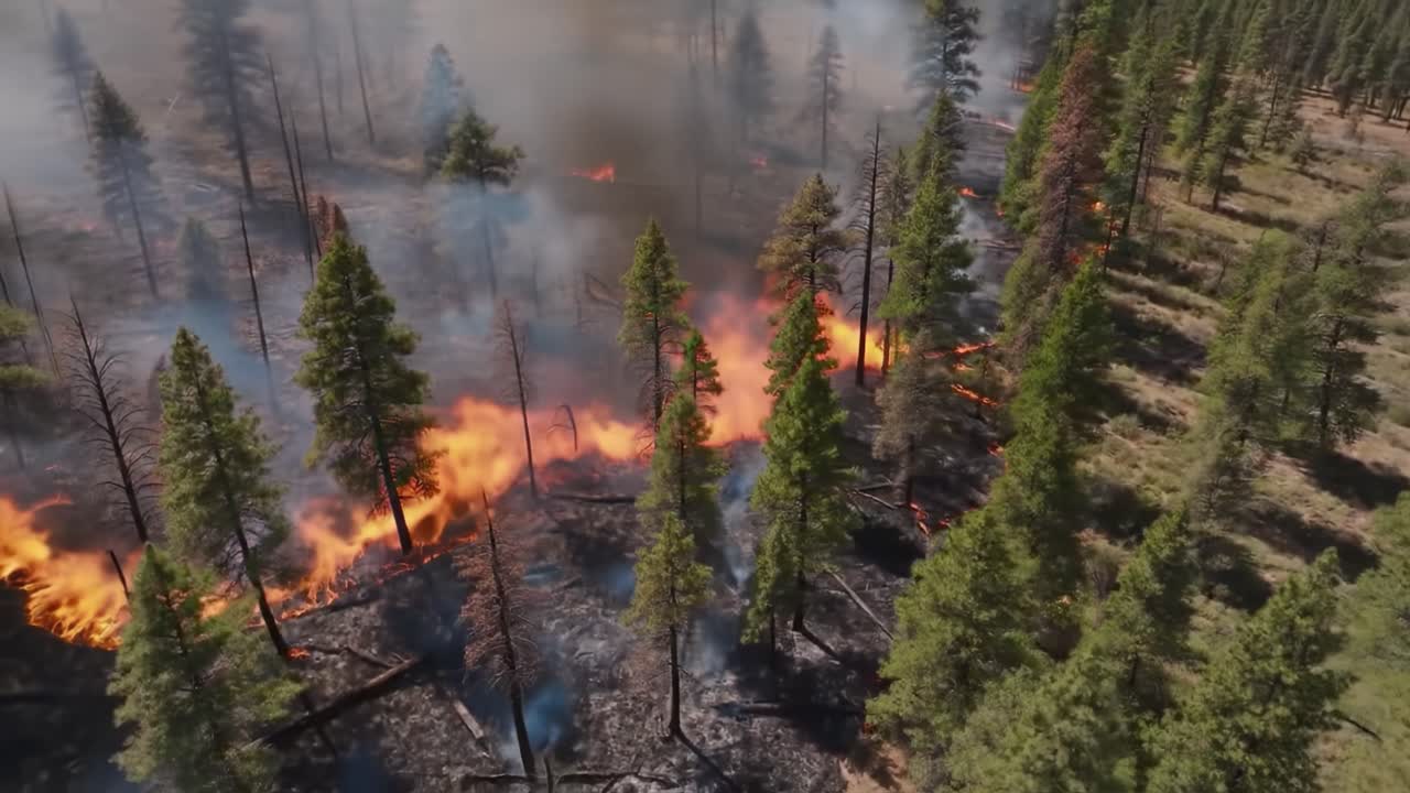 Destructive Wildfire Spreading Through Forested Area, Consuming Trees and Vegetation as Flames and Smoke Rise in the Intense Heat of a Deforestation Crisis
