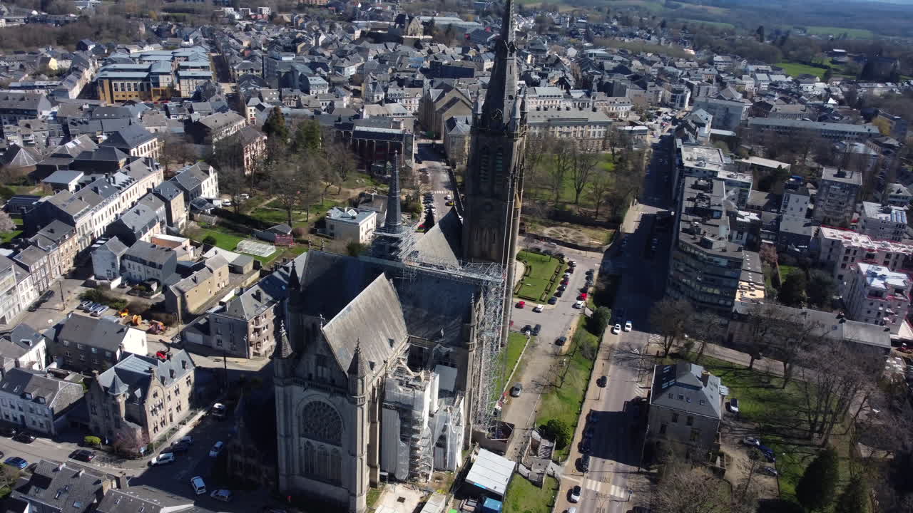 Aerial View of a Town with a Cathedral Under Renovation