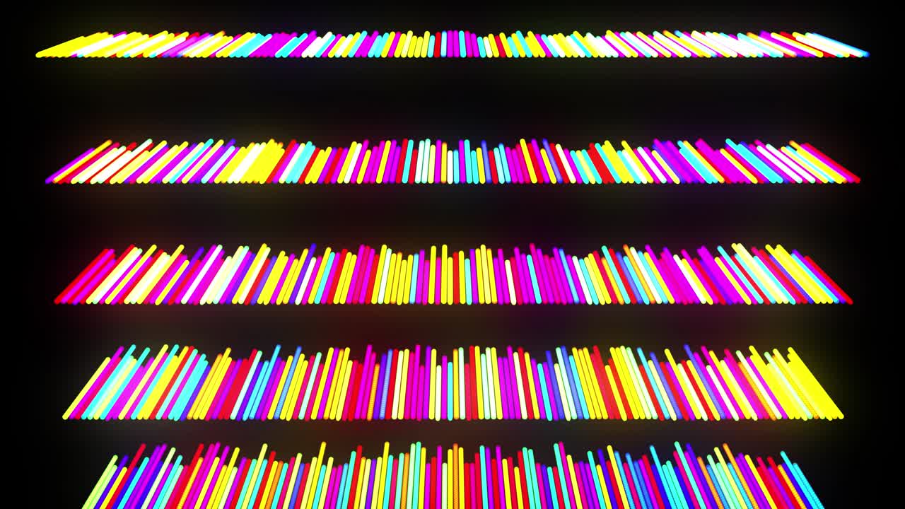 다채로운 입자 및 부드러운 애니메이션 카메라를 가진 축제 루프: 3d 공간에서 선을 따라 줄지어 있는 반이는 입자와 함께 추상적인 3d 루프 배경.