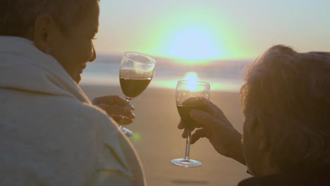 vista trasera de una pareja mayor brindando con vino tinto mientras disfruta de la puesta de sol en la playa