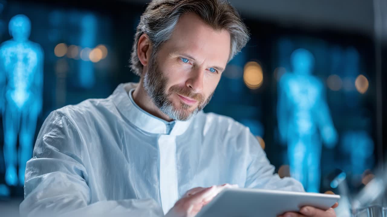 A focused professional in a laboratory setting, analyzing data on a tablet with anatomical visuals in the background, embodying the essence of modern scientific research and innovation