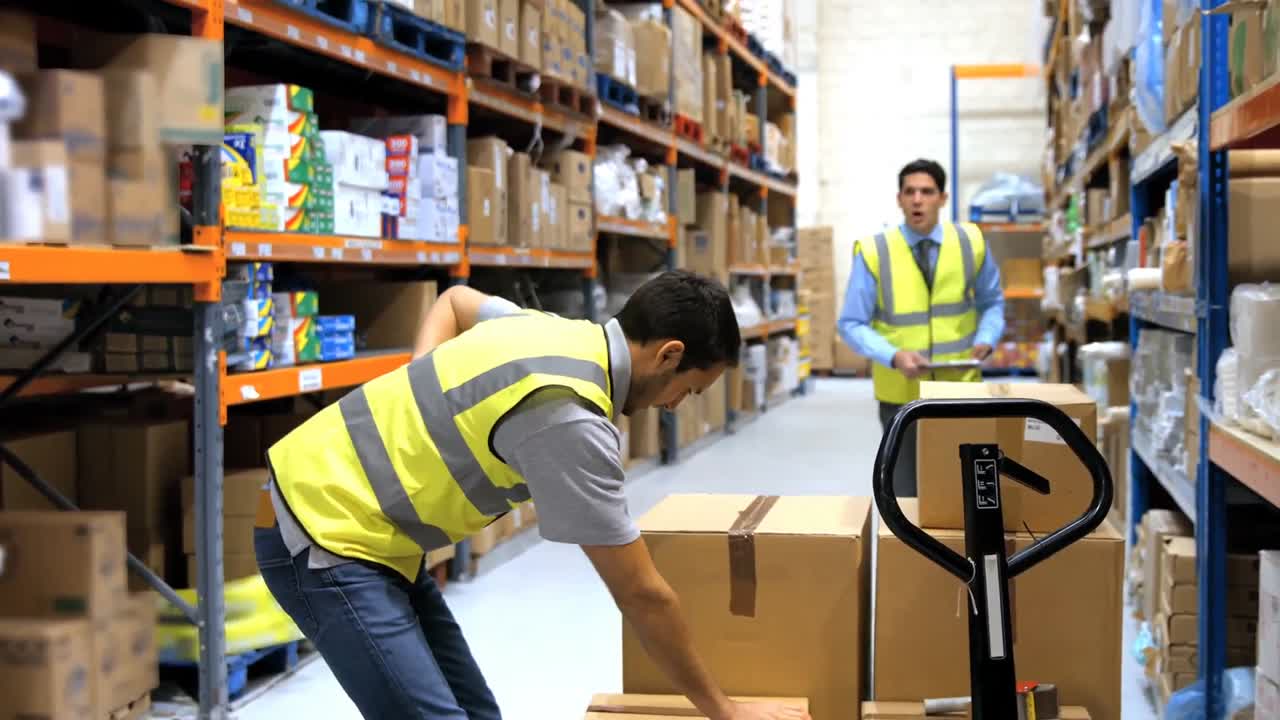 trabajador con dolor de espalda mientras levanta una caja