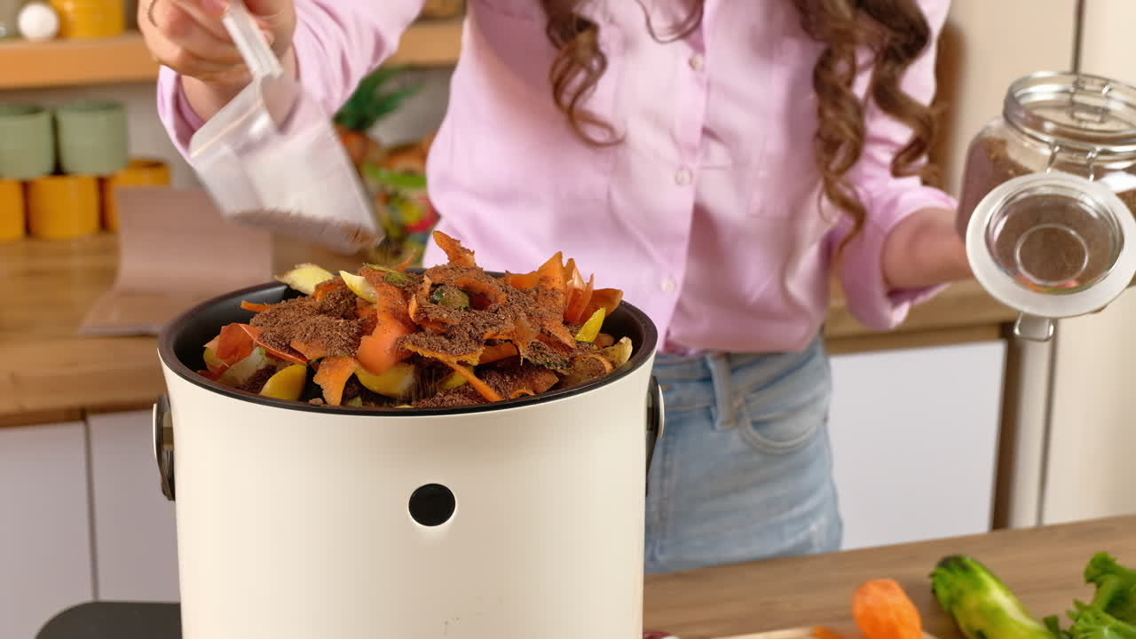 Woman recycling organic waste by pouring Bokashi bran on the vegetable peels. in the kitchen
