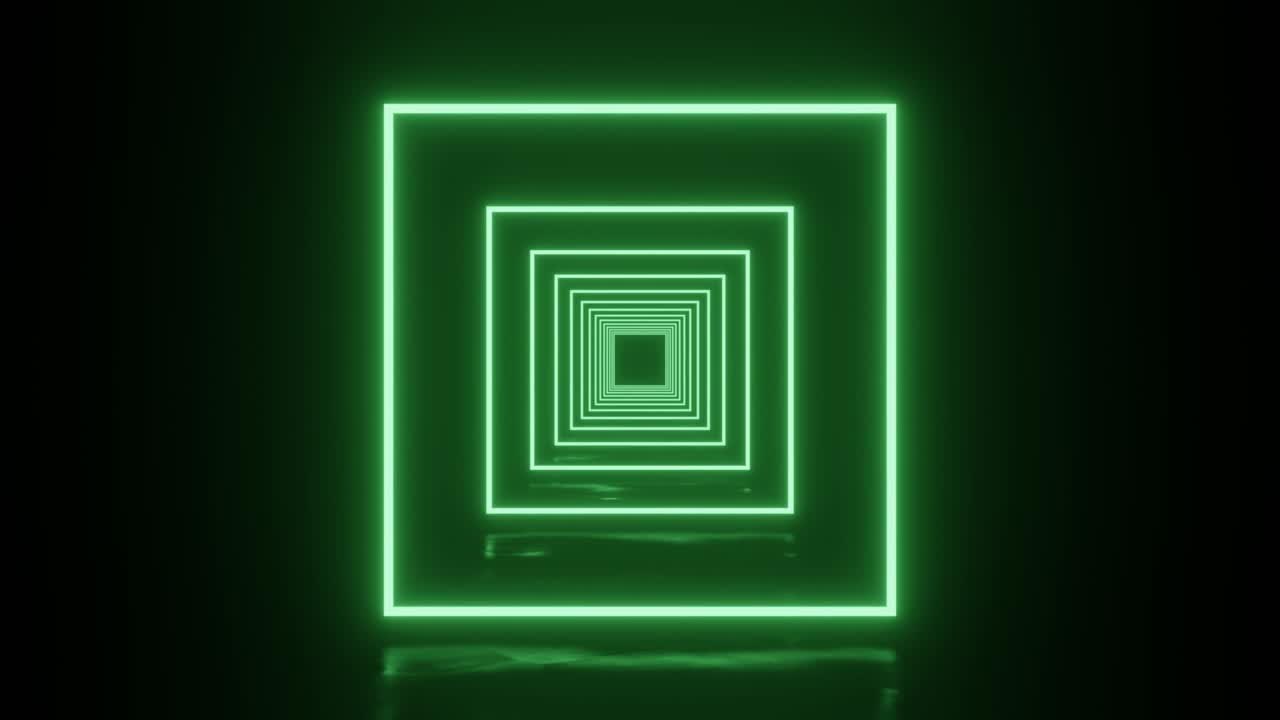 cuadrado de neón verde en túnel futurista abstracto. bucle sin costuras gráfico de movimiento de ciencia ficción. fondo de tecnología de brillo de neón