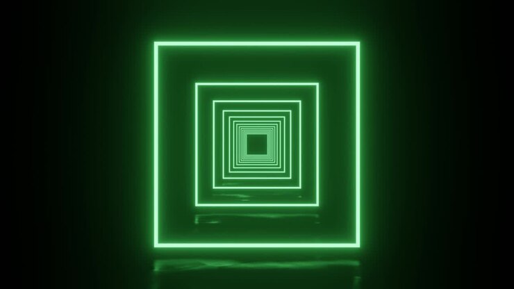 Green neon square in abstract futuristic tunnel. Seamless loop sci-fi motion graphic. Neon glowing technology background