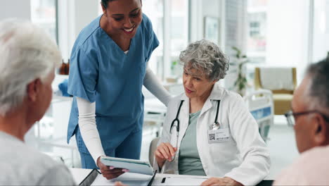 senior couple, doctor and tablet consultation