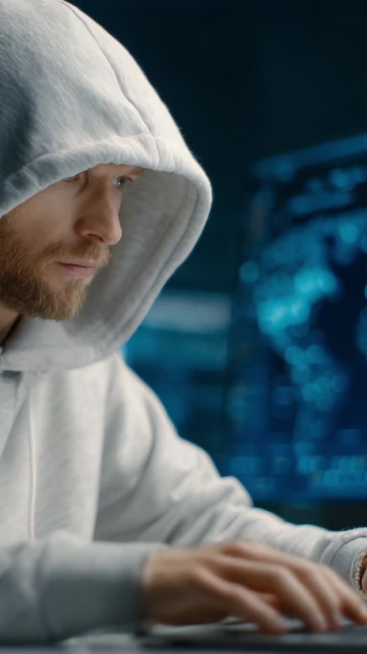 Persona concentrata con felpa con cappuccio che interagisce con un'interfaccia computer high-tech, visualizzando l'analisi dei dati e l'interazione digitale in un ambiente cyber
