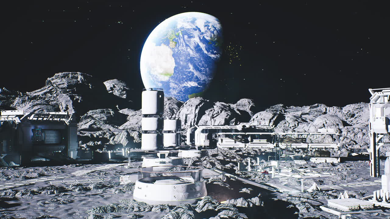 Lunar site with construction features construction scene on lunar surface