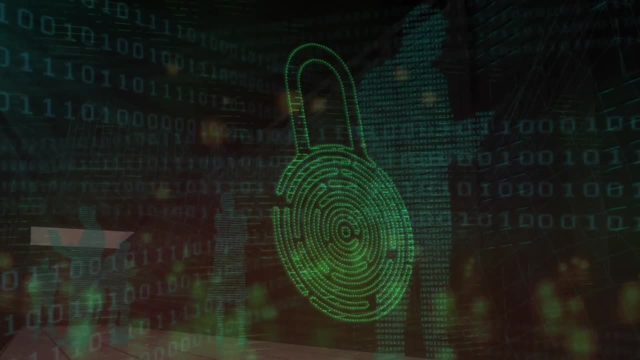 animación del procesamiento digital de datos y el candado de seguridad sobre fondo negro