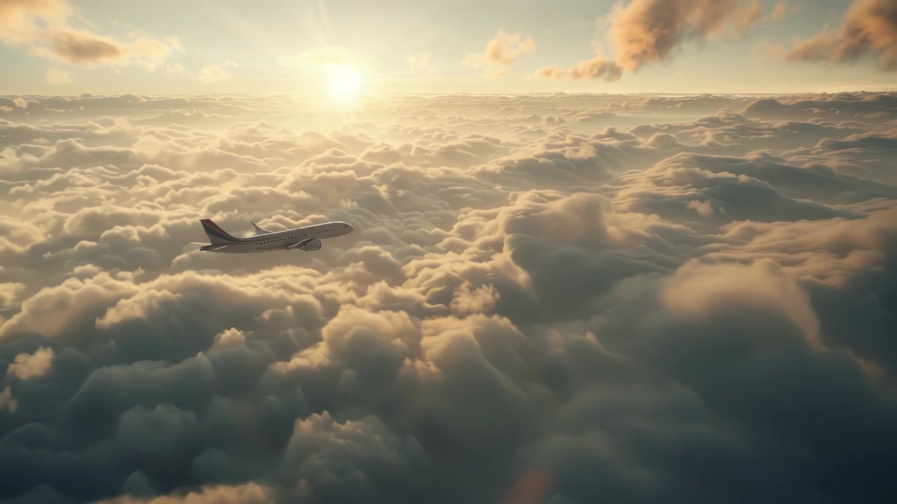 Fly flyver over skyerne under en gylden solnedgang