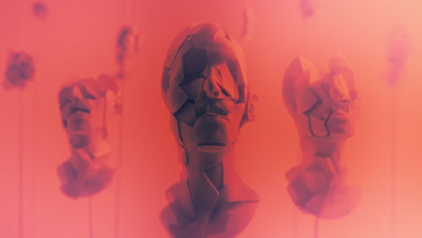 destroyed android heads on spikes on the neon pink background