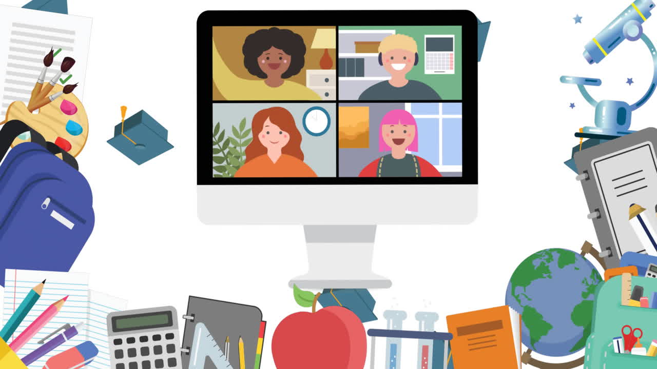 animación de los iconos de los artículos escolares que se mueven sobre un fondo blanco