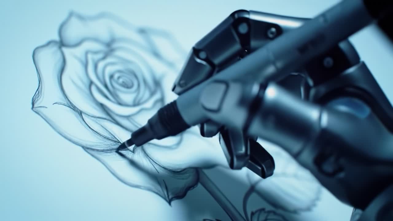 A Robotic Arm Skillfully Illustrates a Detailed Rose Drawing, Showcasing Precision and Innovation in Artistry Through Advanced Technology