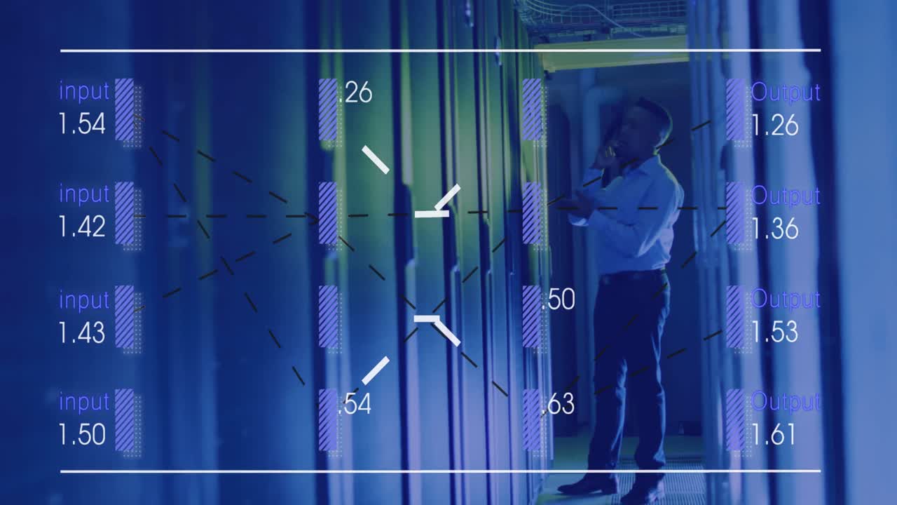 Animation of number over african american man working in server room