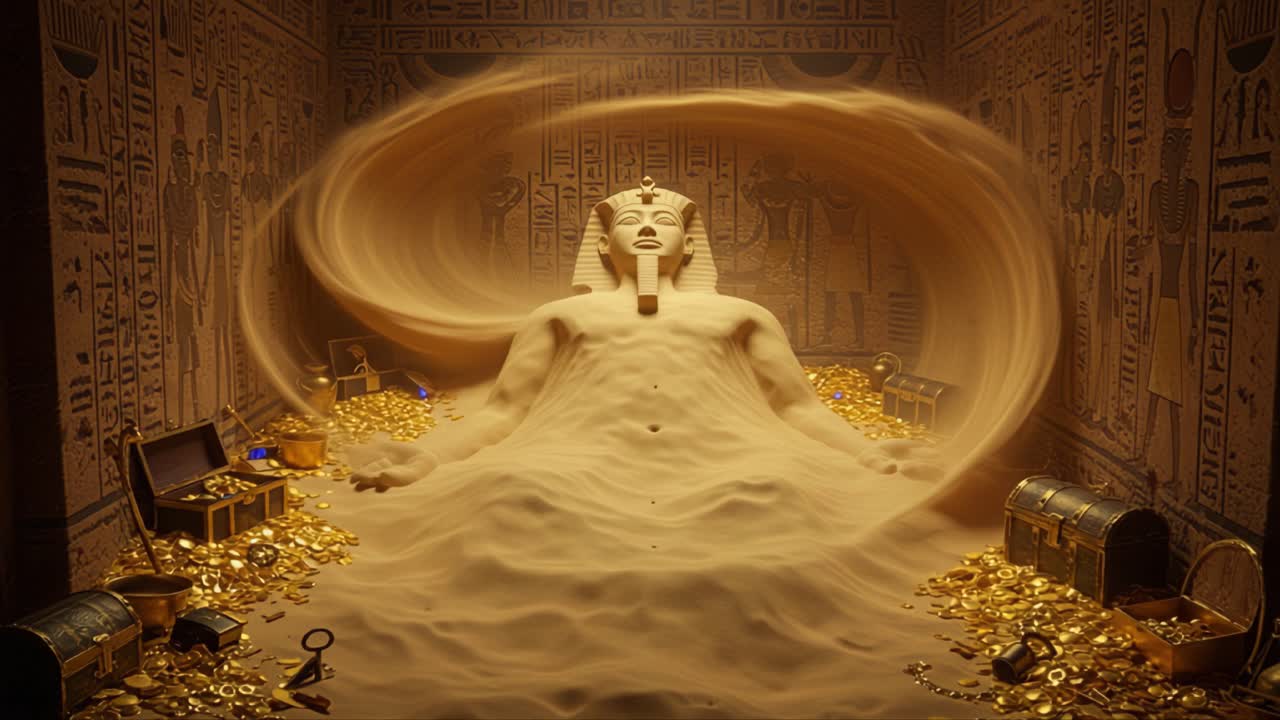 A Mysterious Pharaoh Emerges from the Sands of Time, Surrounded by Treasures in an Ancient Temple, Capturing the Essence of Lost Civilizations and Hidden Riches