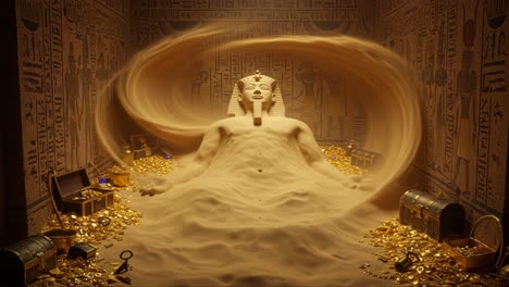 a mysterious pharaoh emerges from the sands of time, surrounded by treasures in an ancient temple, capturing the essence of lost civilizations and hidden riches