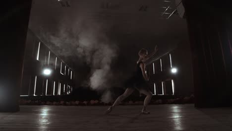 slow motion: prima ballet on stage rehearsing performance in the dark light of the contra. the lights from the hall.