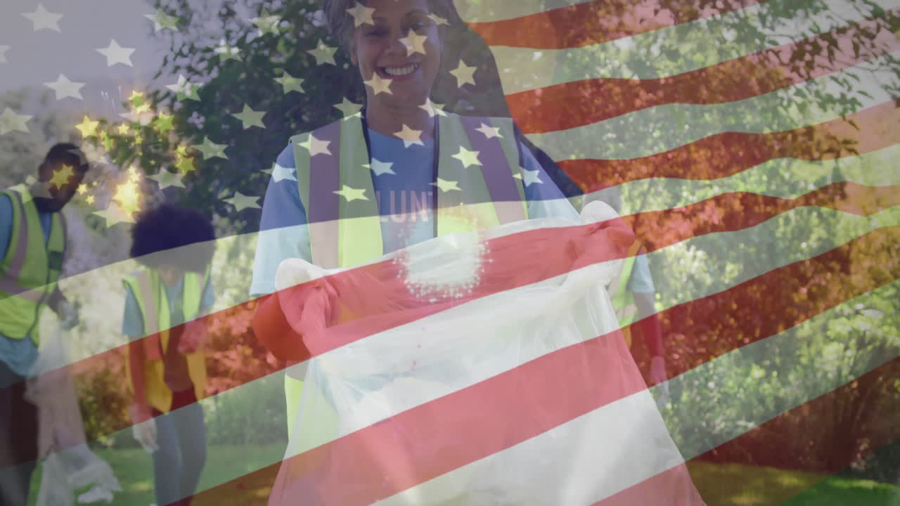 Cleaning park with American flag overlay, people showing community service and patriotism