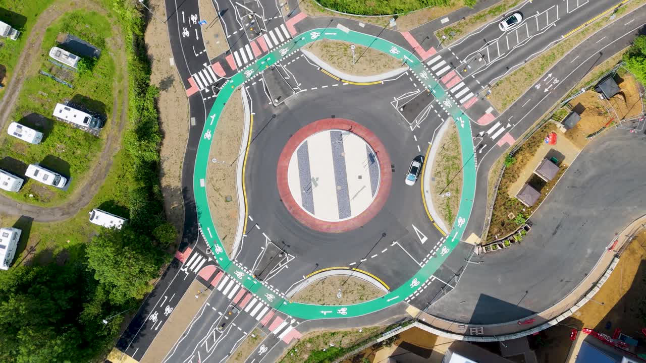 Top-down drone rotation over Dutch roundabout in Hemel Hempstead, Hertfordshire, UK