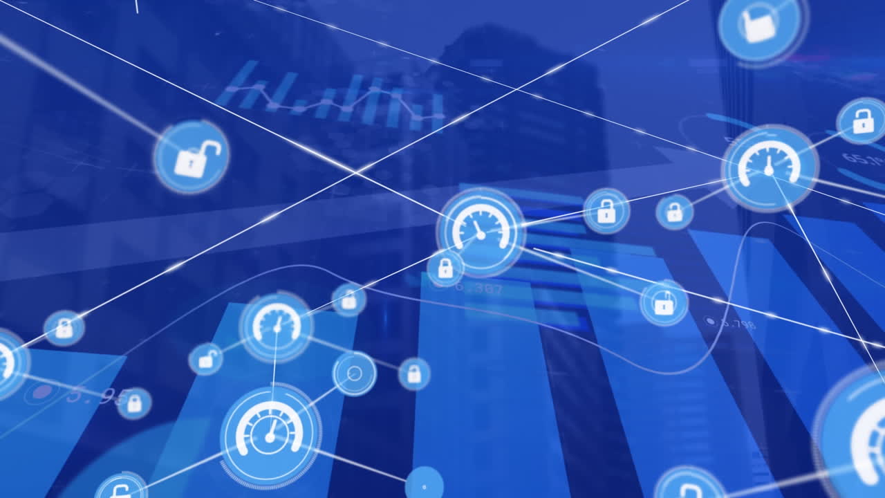 디지털 아이콘 네트워크의 애니메이션과 높은 건물에 대한 통계 데이터 처리