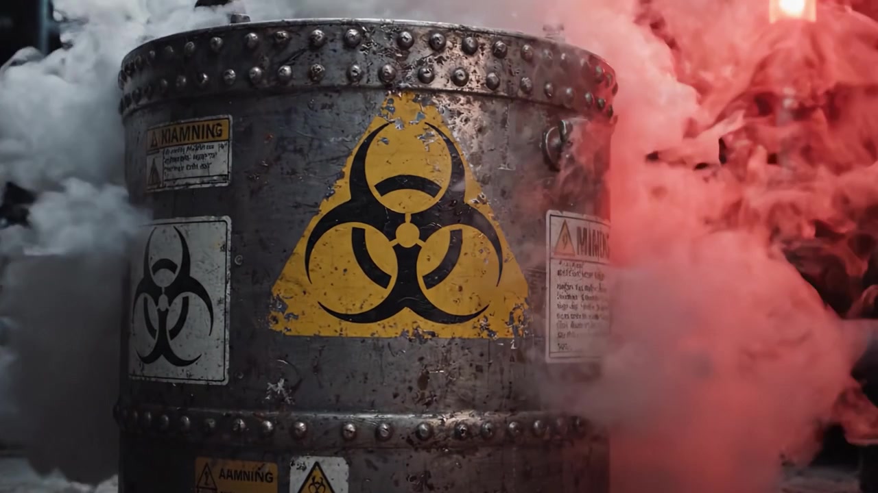 Contenitore di Rifiuti Pericolosi Circondato da Attrezzature Industriali e Luce Rossa di Avvertimento in una Struttura Sotterranea