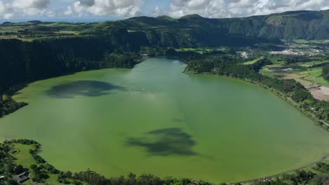 aerial view of the crater lake of lagoa das furnas in sao miguel, azorean island, portugal