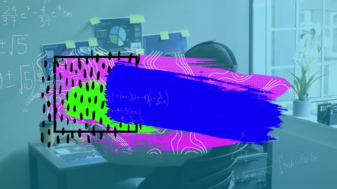 animación de manchas y formas coloridas sobre el hombre de negocios usando auriculares vr