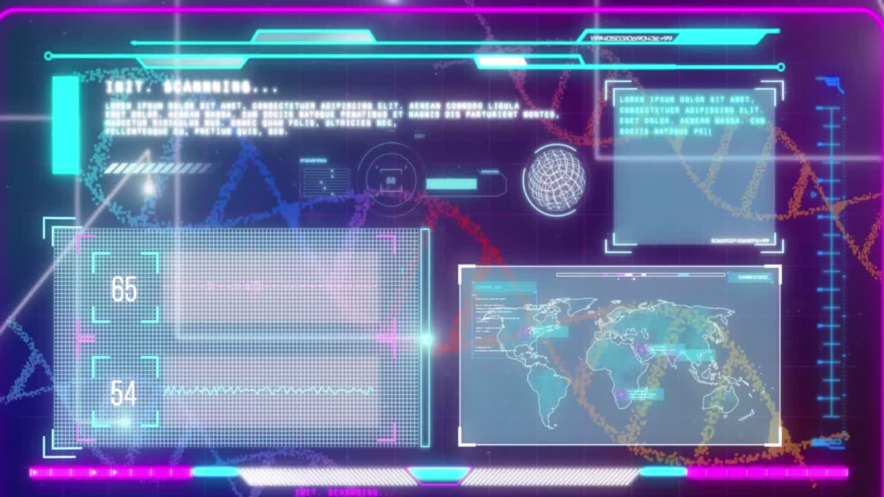 Animation of dna strands over data processing on black background