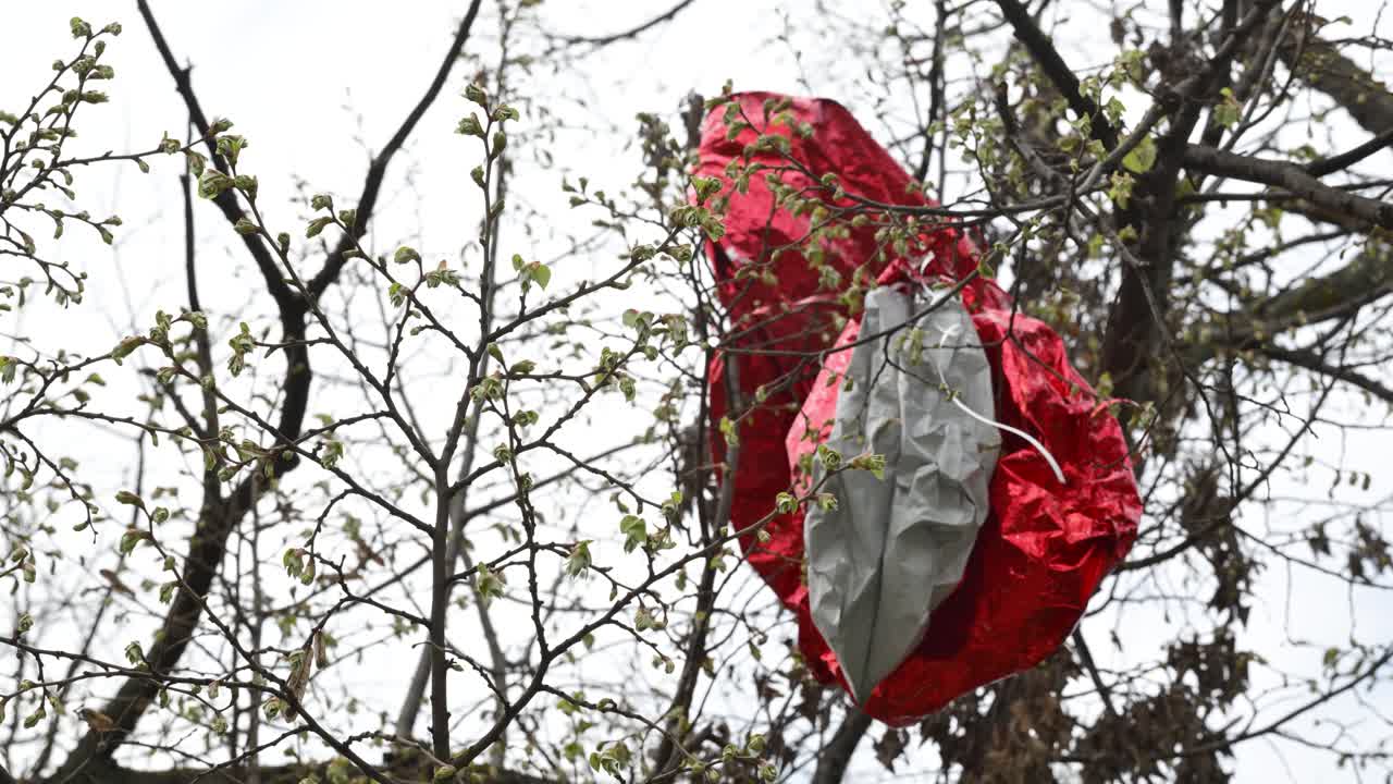Red balloon stuck in the treetop
