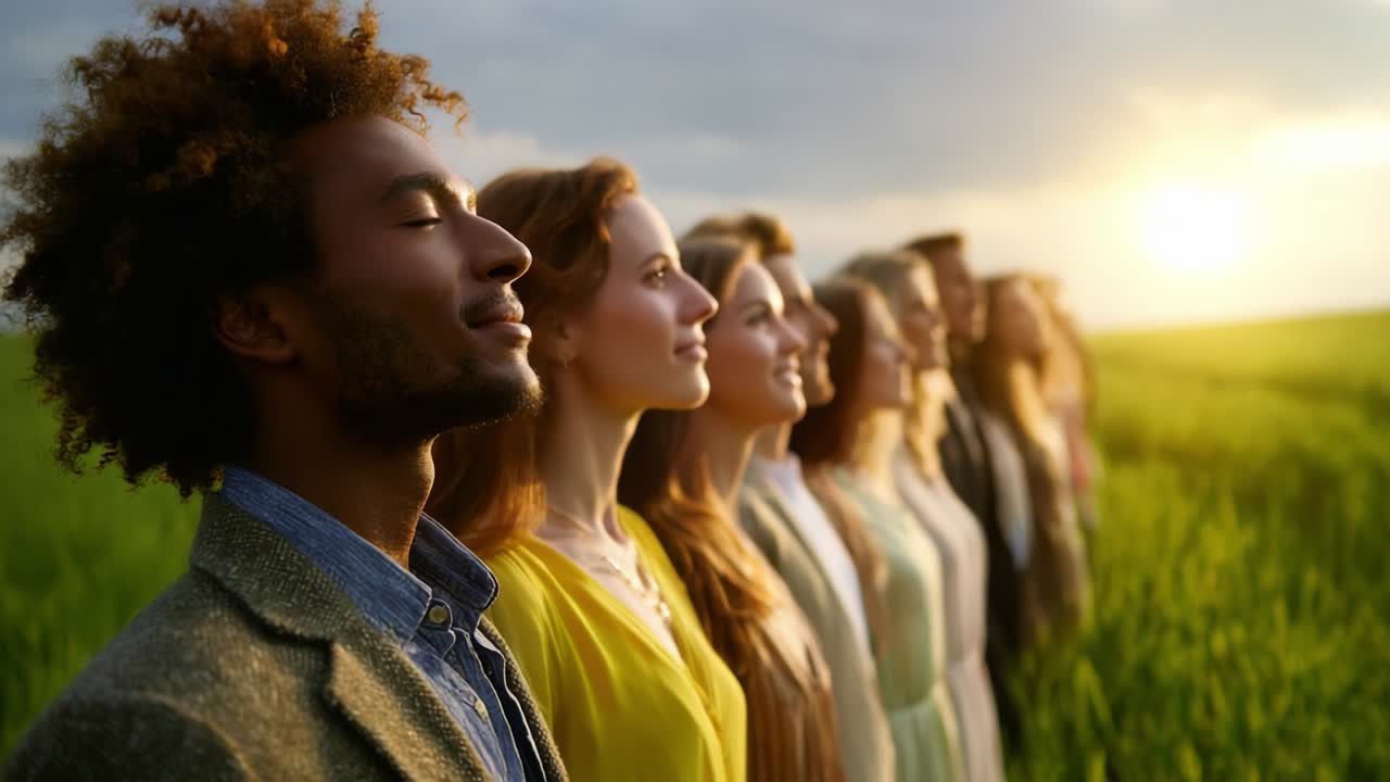 A diverse group of people looking towards the sun in a field