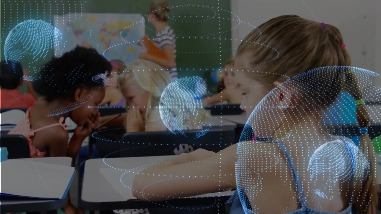 Teacher gesturing, holo globe drifting, braided ponytail girl turning to camera showing class focus