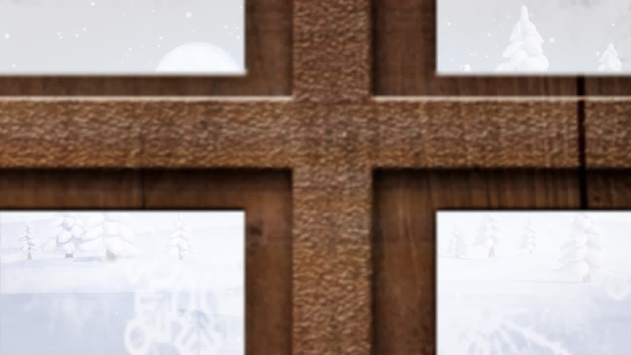 창문 을 통해 볼 수 있는 겨울 풍경 과 산타 슬레이 의 애니메이션