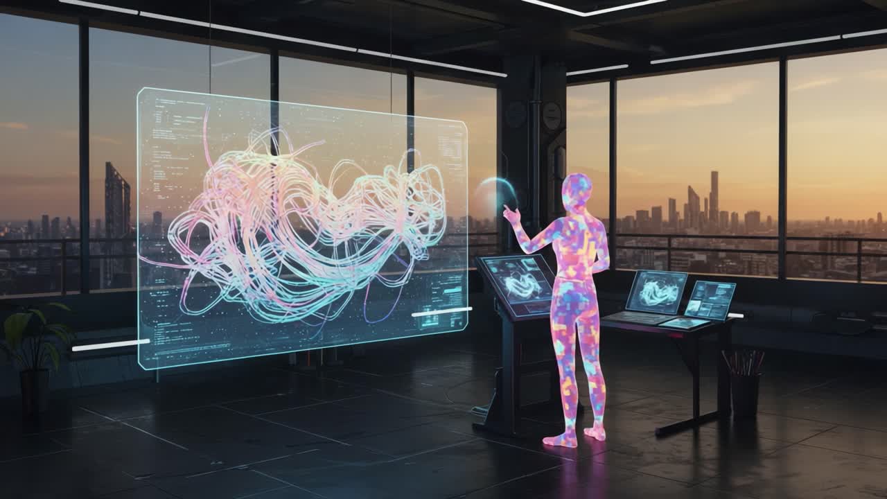 A Futuristic Scene of a Digital Interface and Holographic Displays in a Modern High-Rise with an Abstract Visual Representation of Data Manipulation