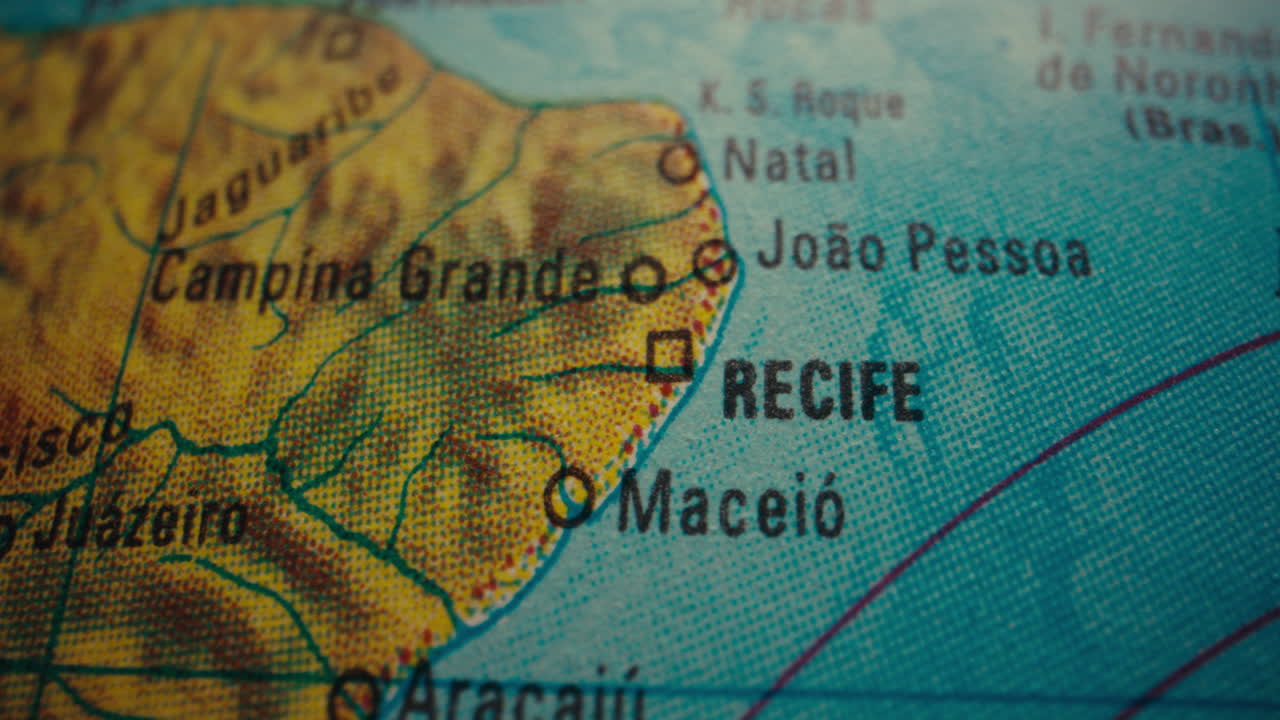 Close-up of a World Map focusing on Northeast Brazil
