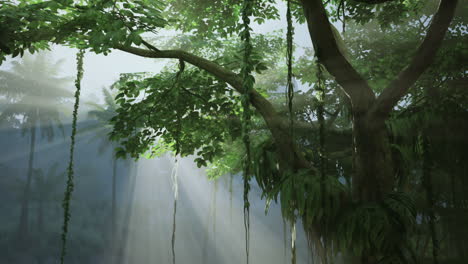 sunbeams shining through lush jungle canopy