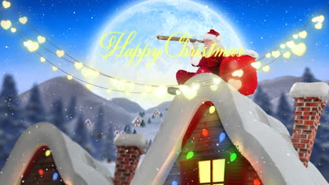 animation of happy holidays text over santa claus winter scenery