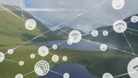 animation of network of profile icons agains aerial view of grassland